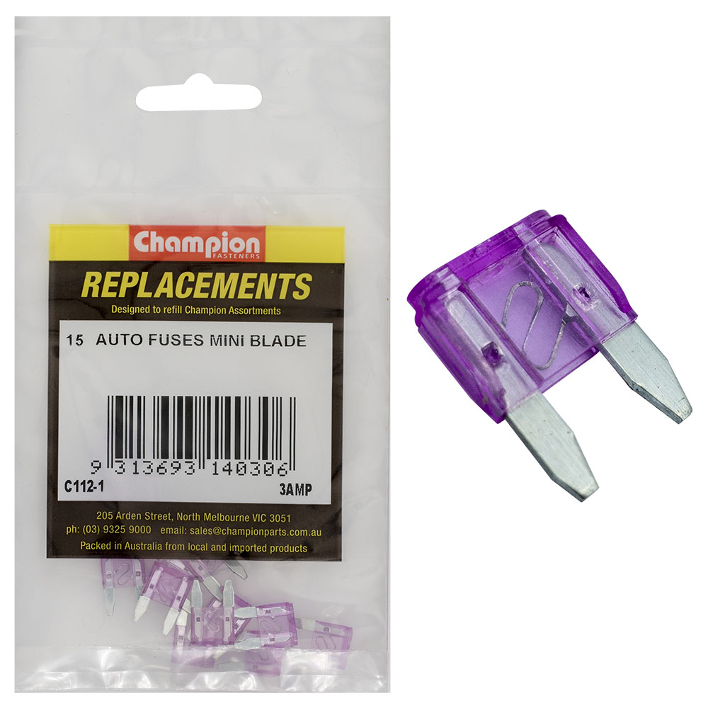 Champion 3Amp Mini Blade Fuse (Violet) -15pk