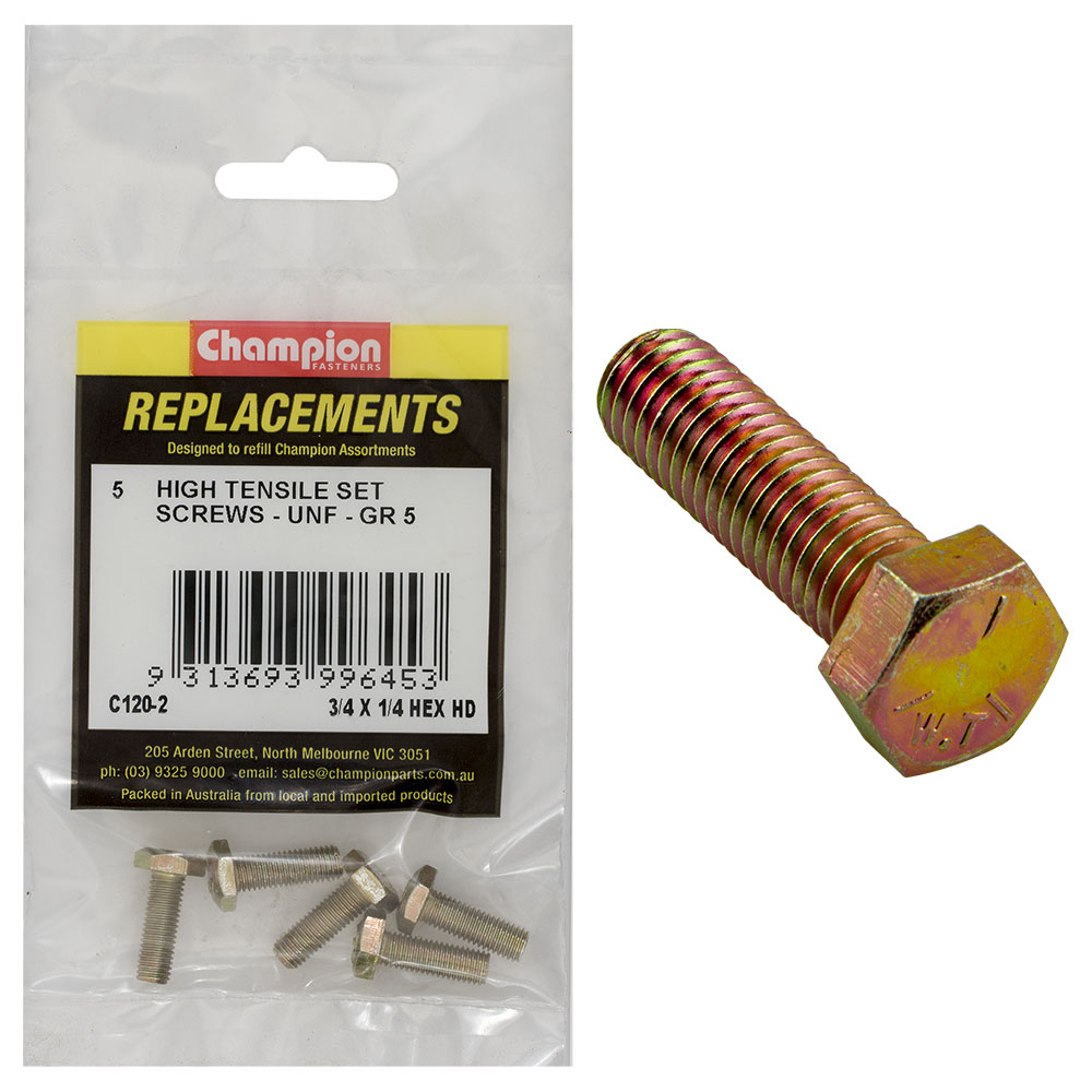 Champion 1/4in x 3/4in UNF Set Screw -Gr5 -5pk
