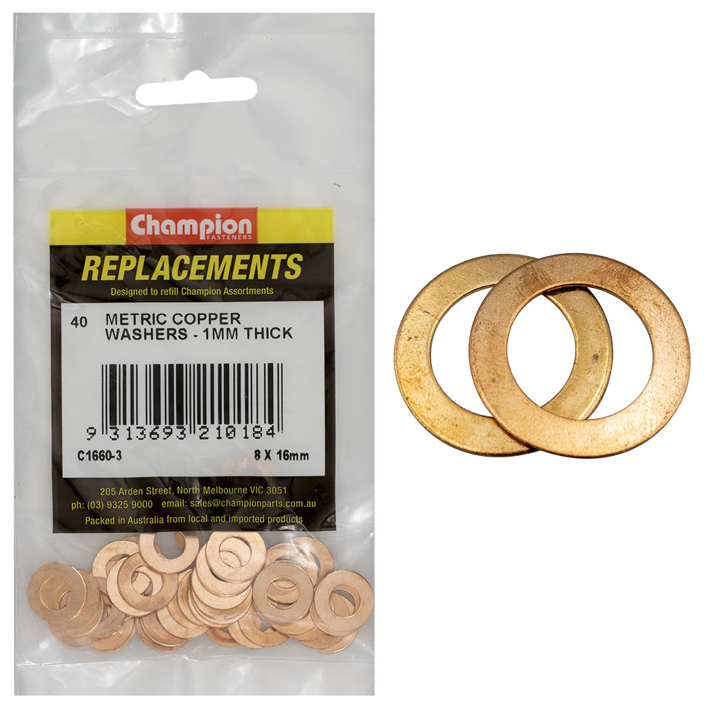 Champion M8 x 16mm x 1.0mm Copper Washer -40pk