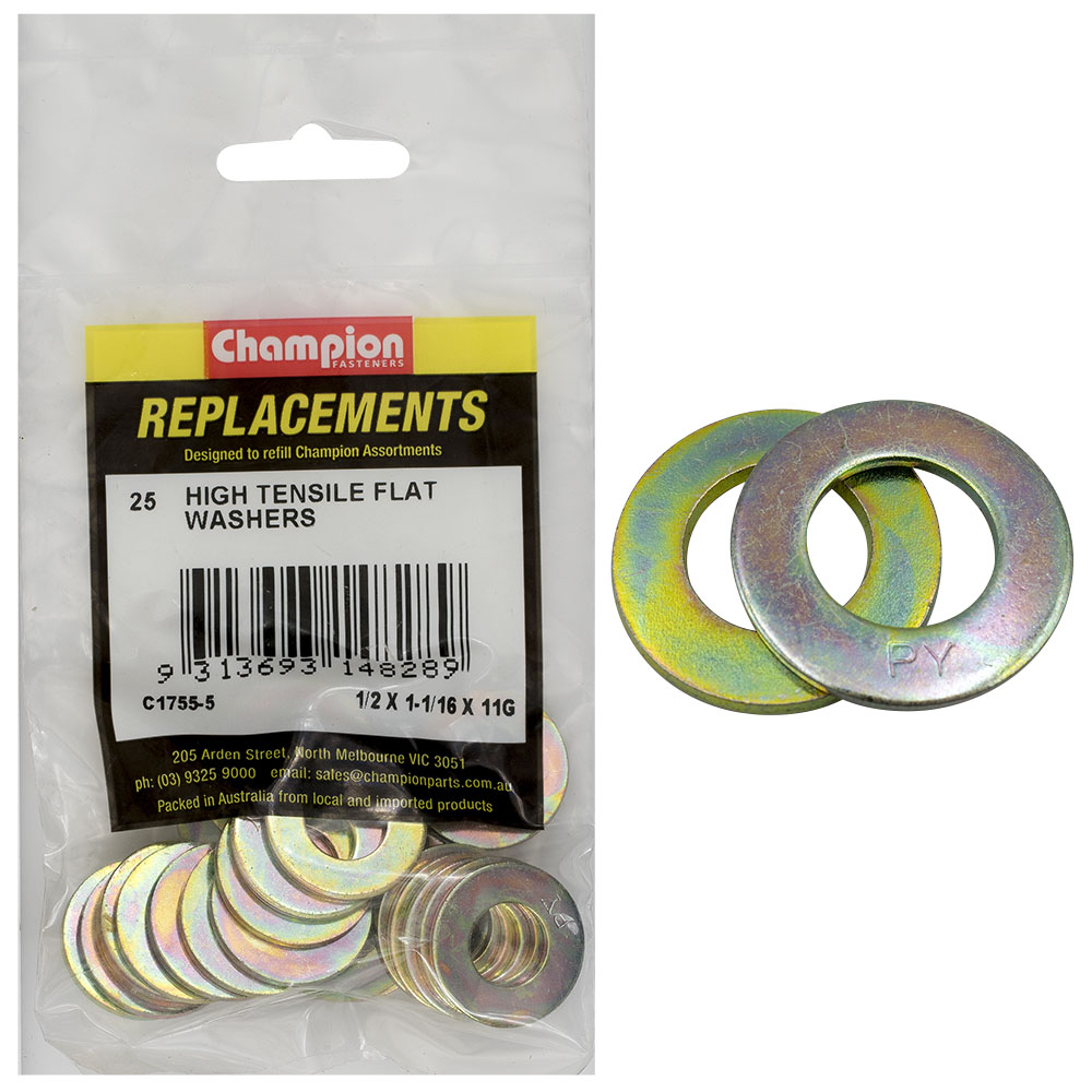 Champion 1/2 x 1-1/16in x 11G Ht Flat Steel Washer (Zn)-25pk