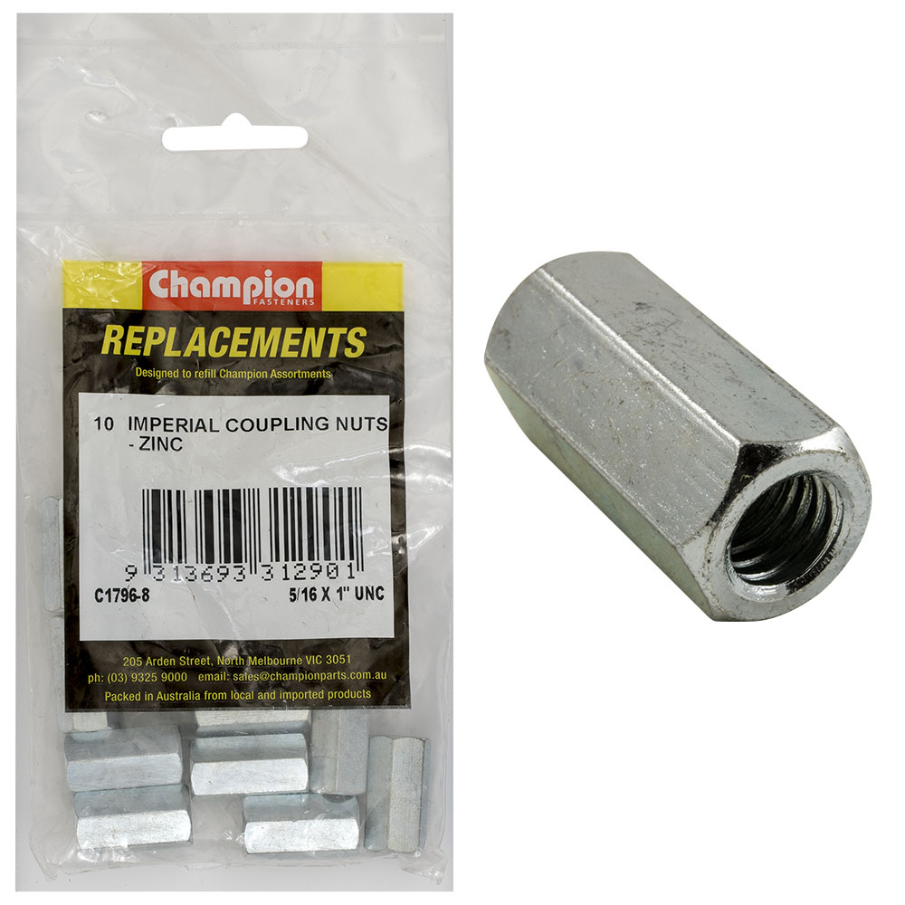 Champion 5/16in x 1in UNC Hex Coupler Nut -10pk