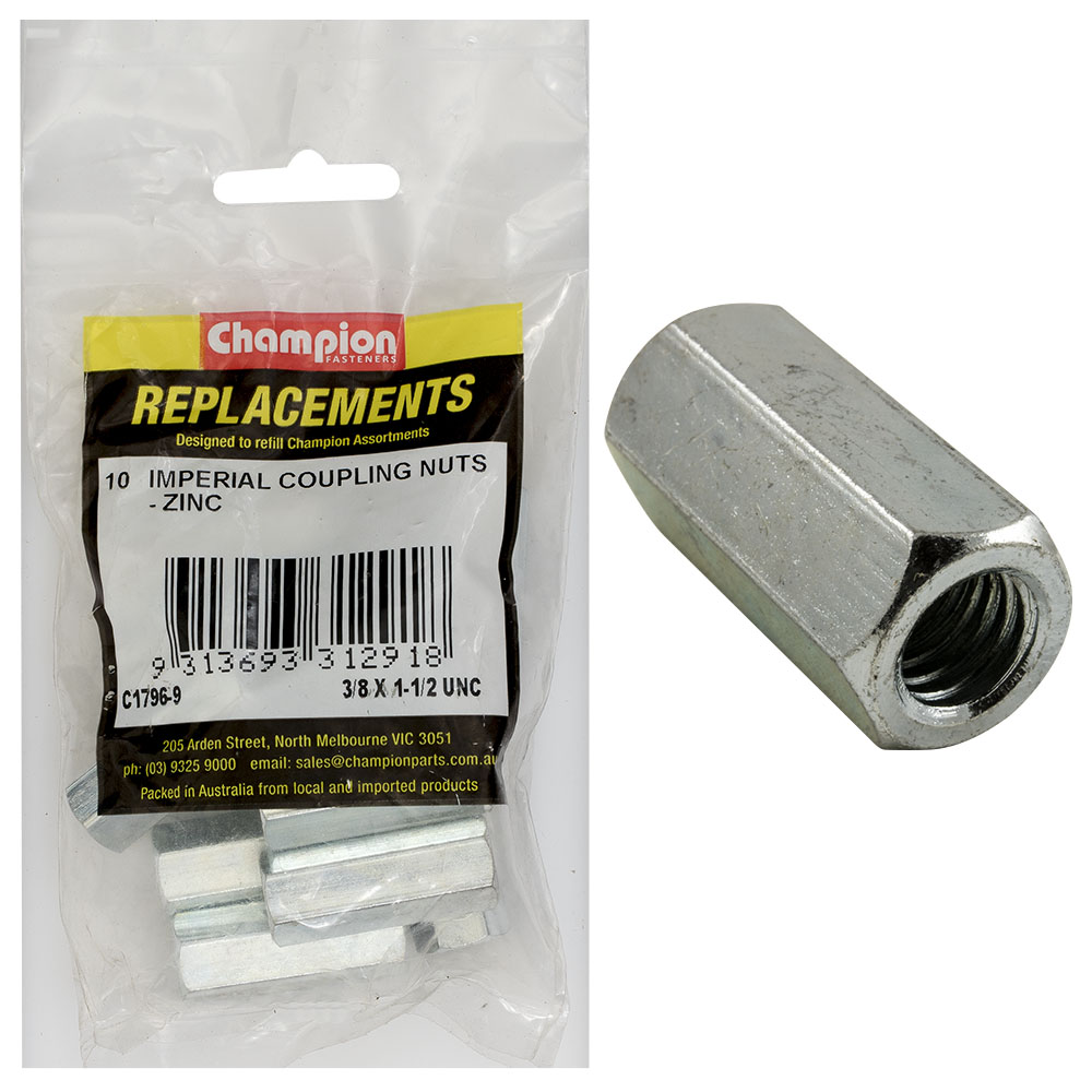 Champion 3/8in x 1-1/2in UNC Hex Coupler Nut -10pk