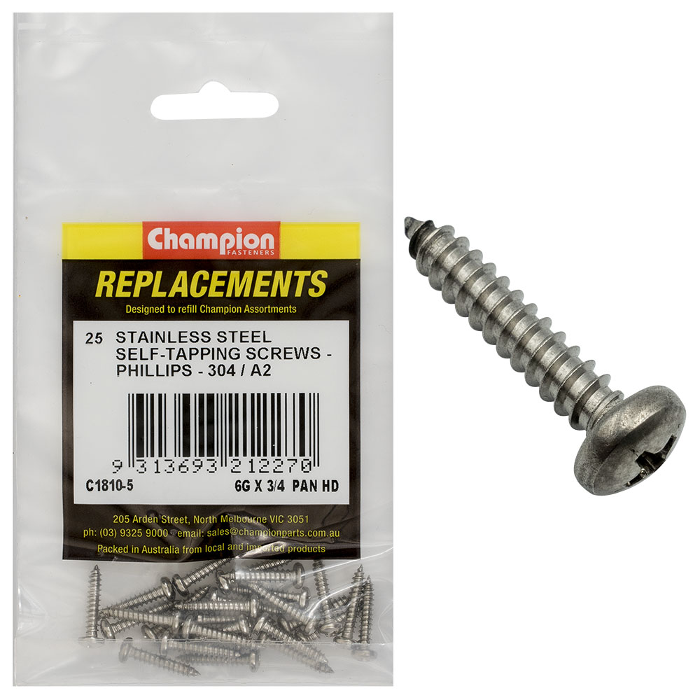 Champion 6G x 3/4 S/Tappg Screw Pan Hd Phillips 304/A2 -25pk