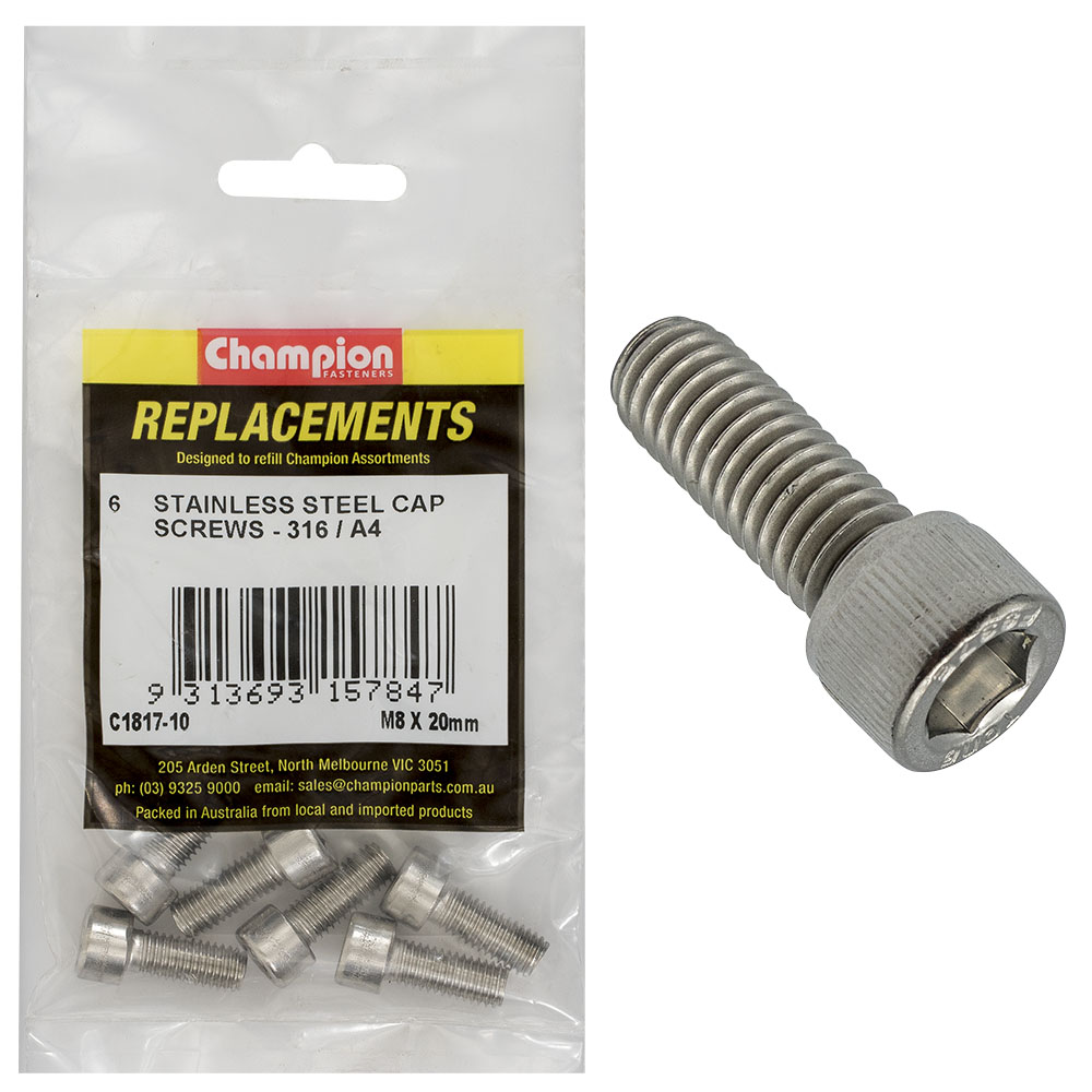 Champion M8 x 20mm Socket Cap Screw 316/A4 -6pk