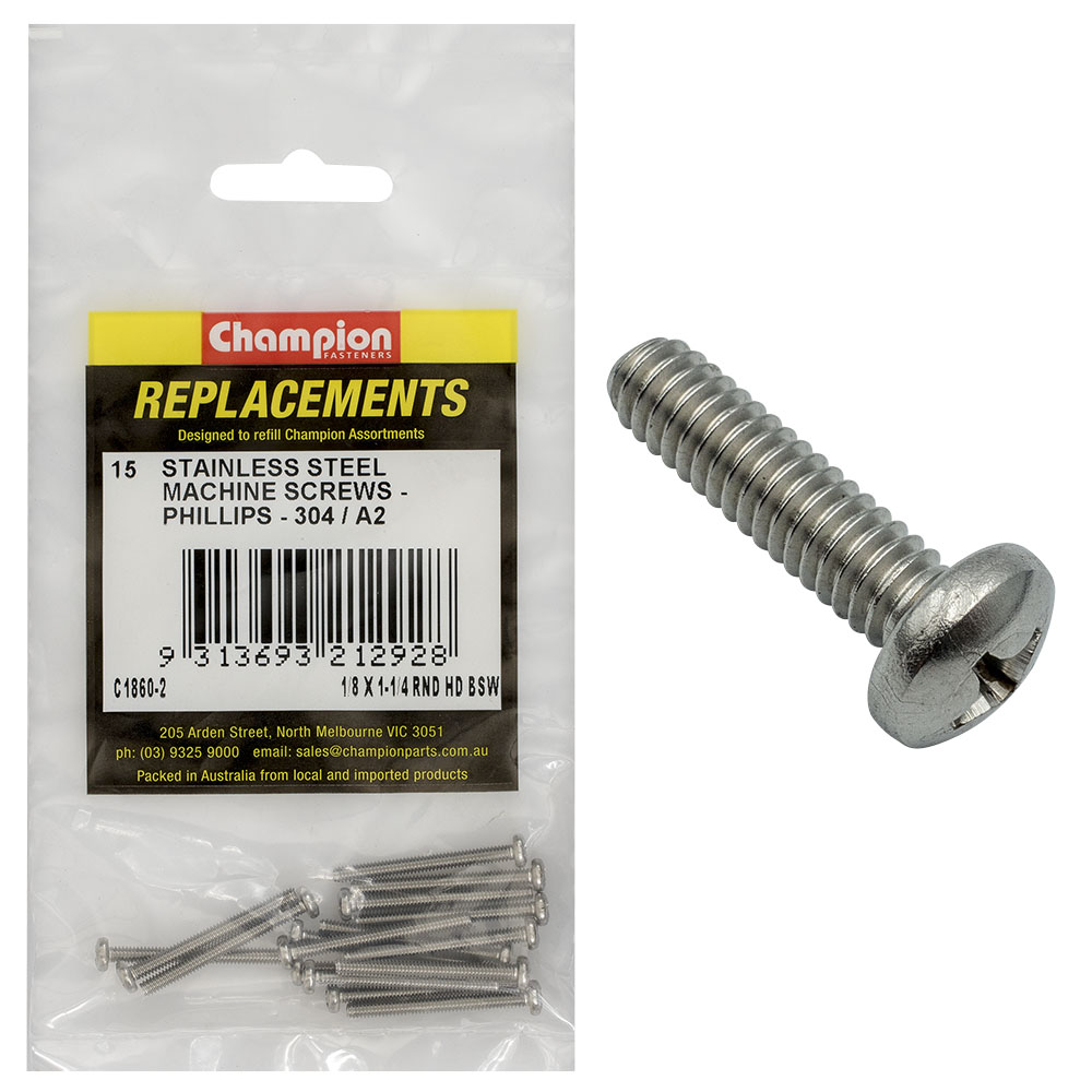 Champion 1/8 x 1-1/4in BSW Machine Screw Pan Ph 304/A2-15pk