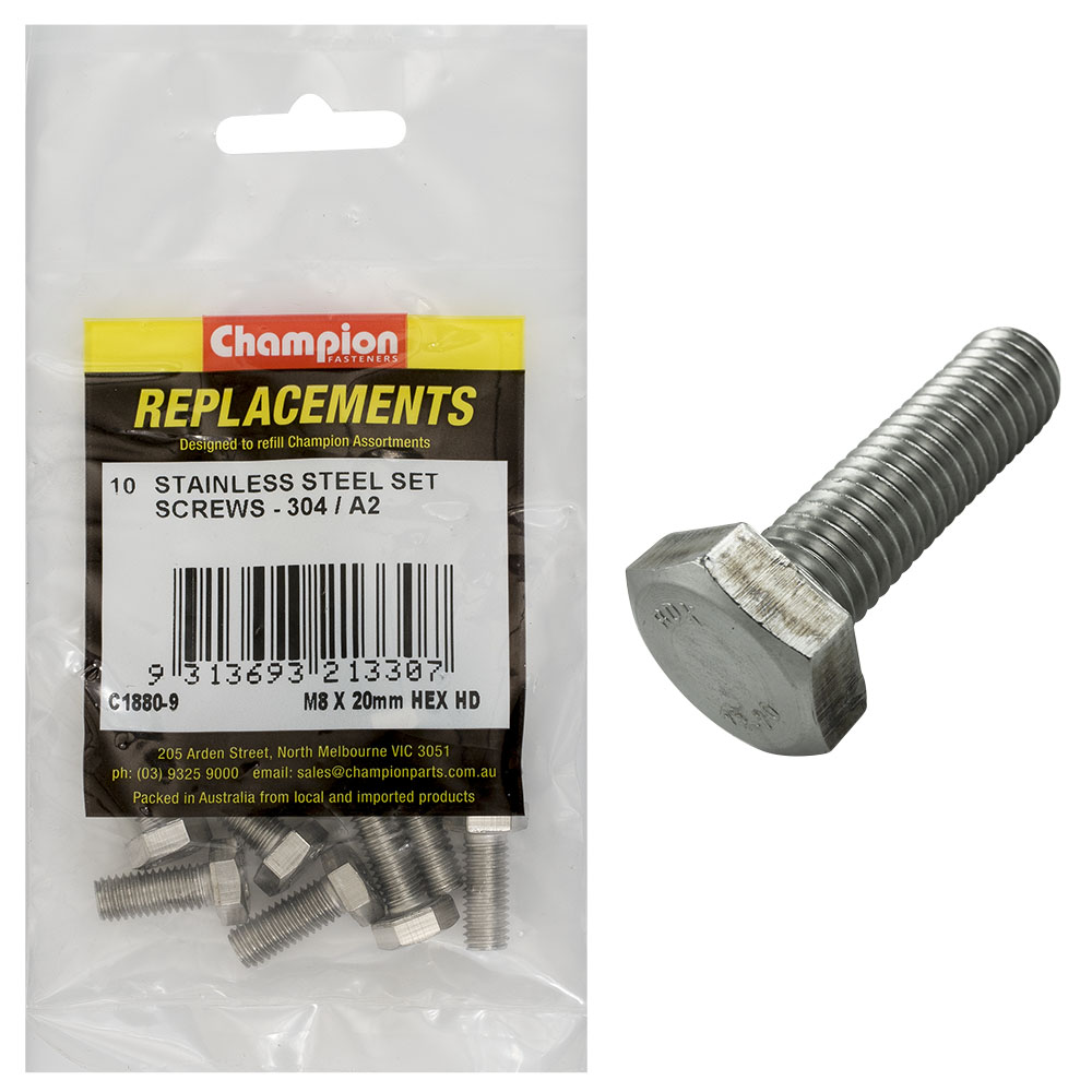 Champion M8 x 20mm Stainless Set Screw 304/A2 -10pk