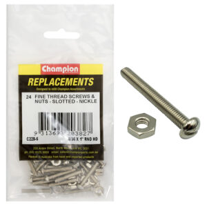 Champion 8/36 x 1in UNF Rnd Hd Machine Screw & Nut (Ni)-24pk