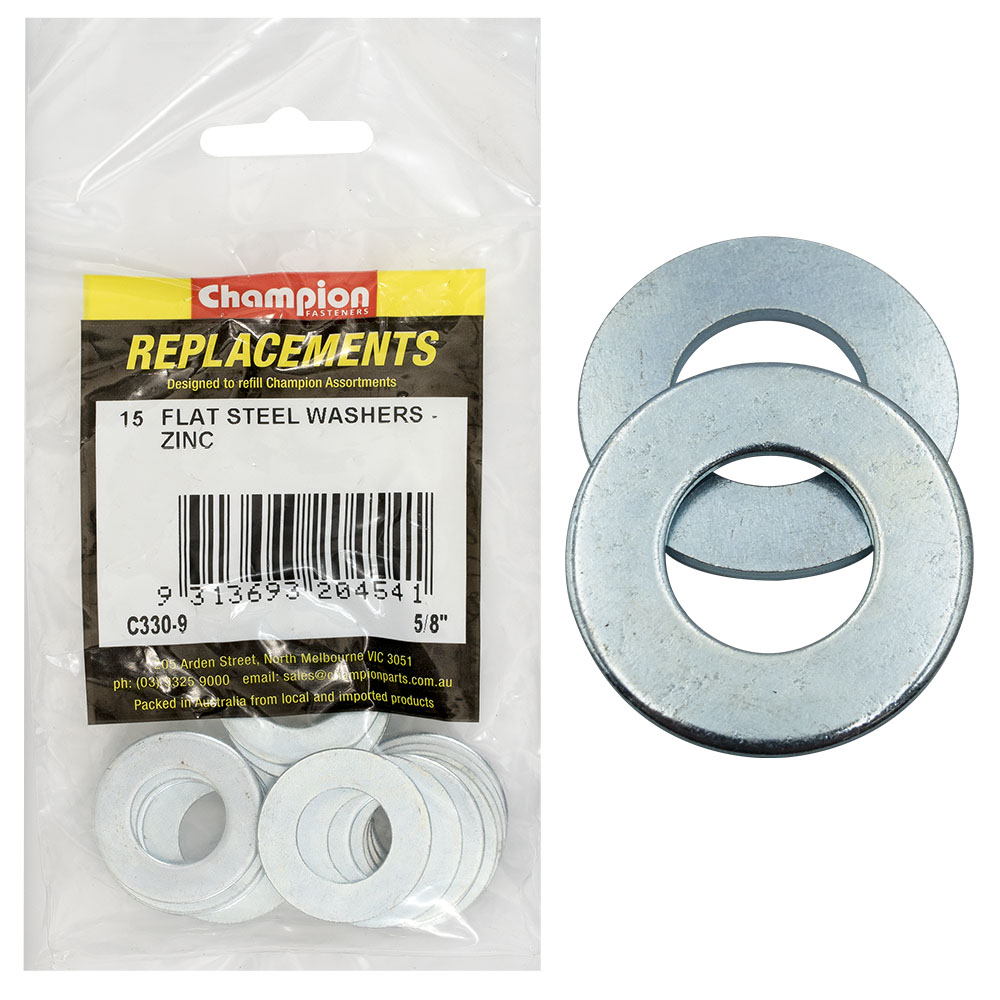 Champion 5/8in x 1-1/4in x 15G Flat Steel Washer -15pk