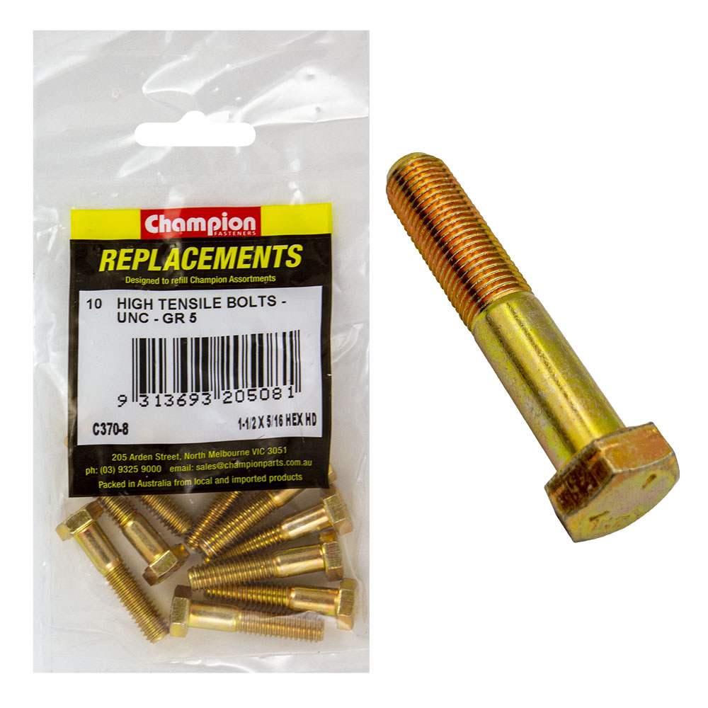 Champion 5/16in x 1-1/2in UNC Bolt -Gr5 -10pk