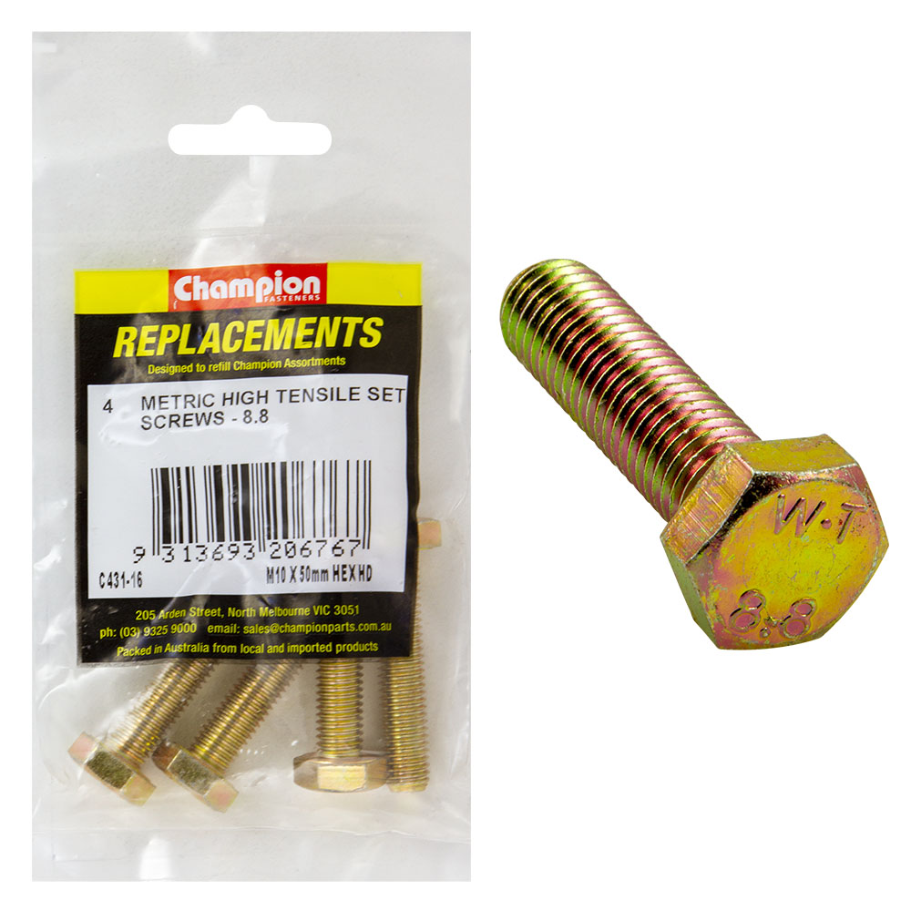Champion M10 x 50mm x 1.50 Set Screw -Gr8.8 -4pk