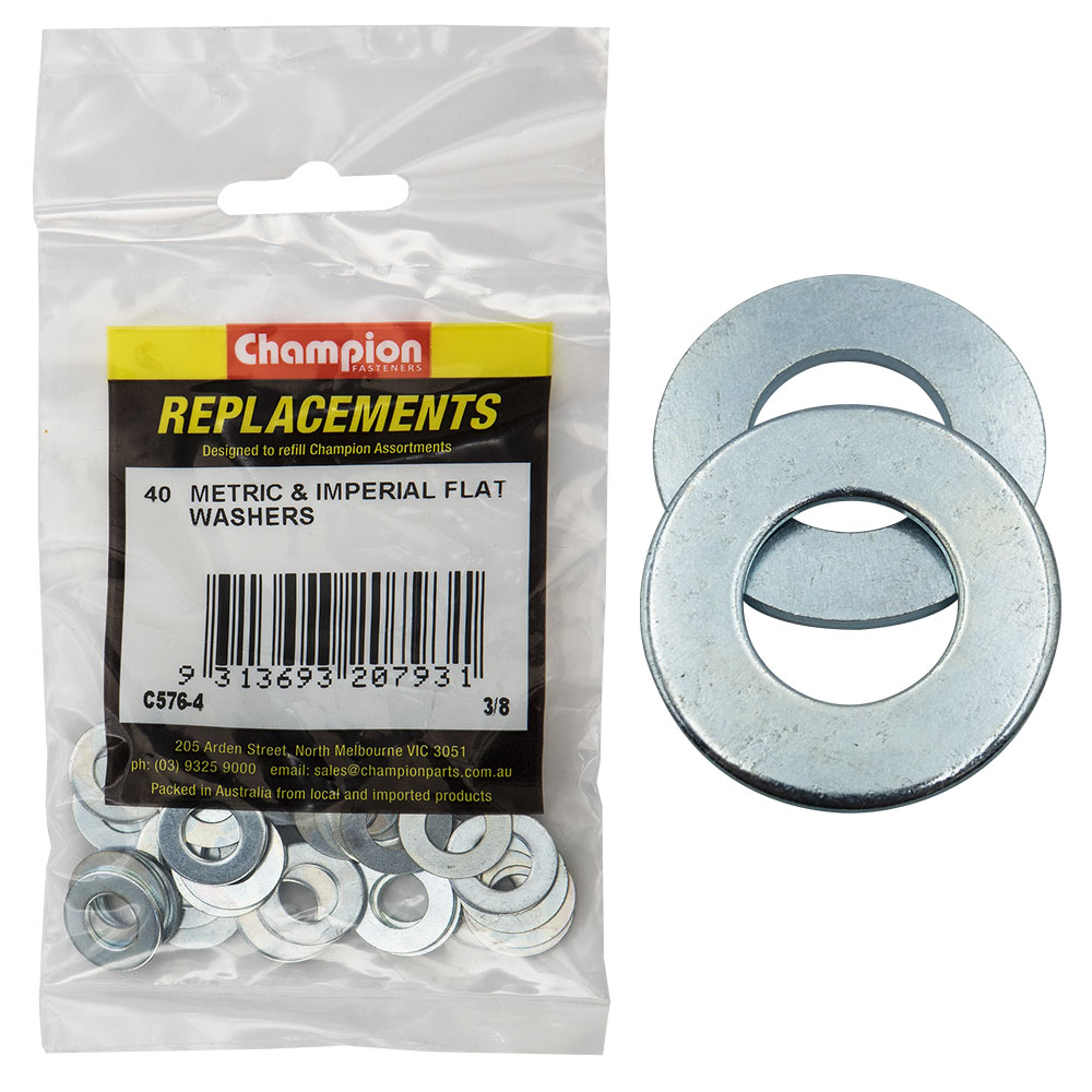 Champion 3/8in x 3/4in x 16G Flat Steel Washer -40pk