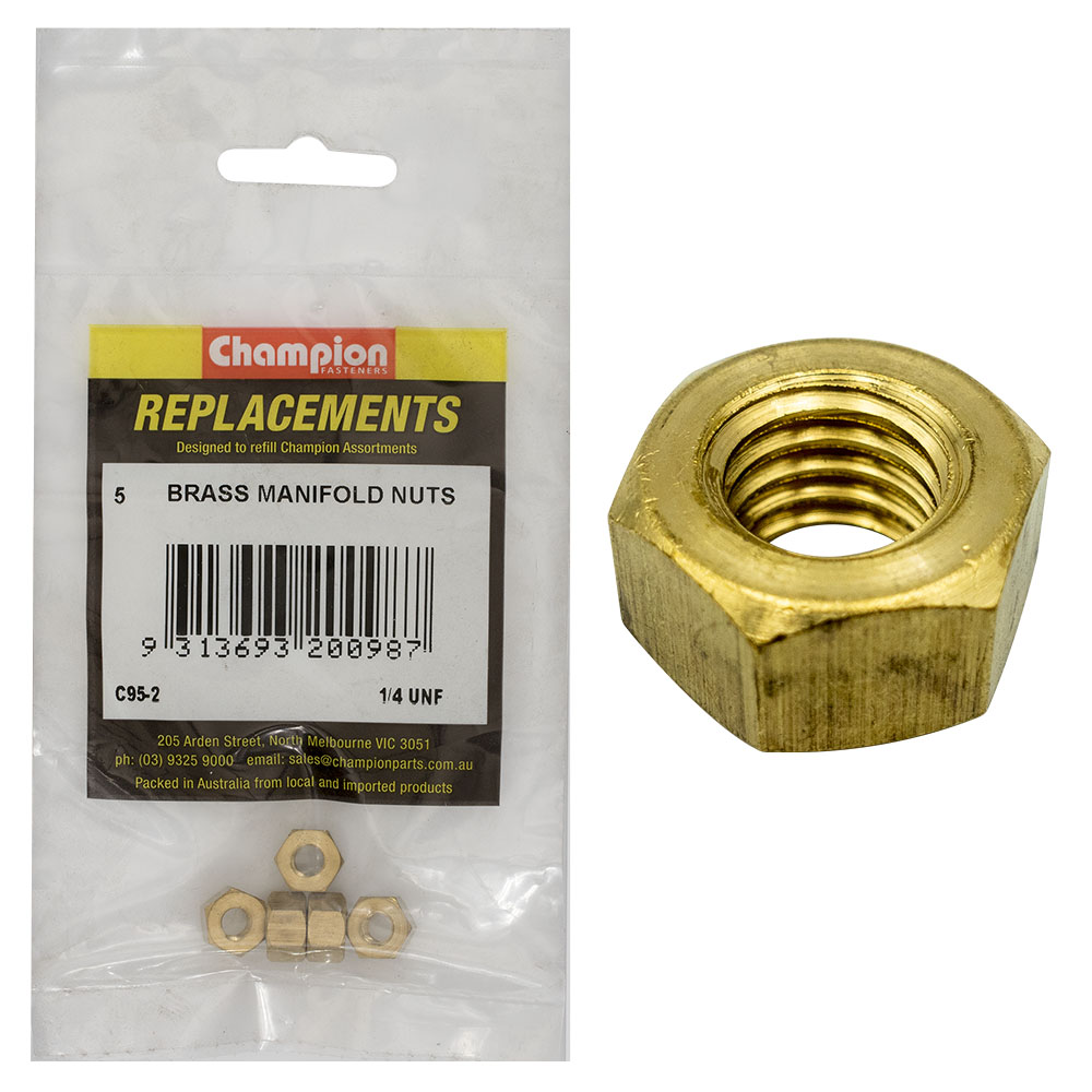 Champion 1/4in UNF Brass Manifold Nut -5pk