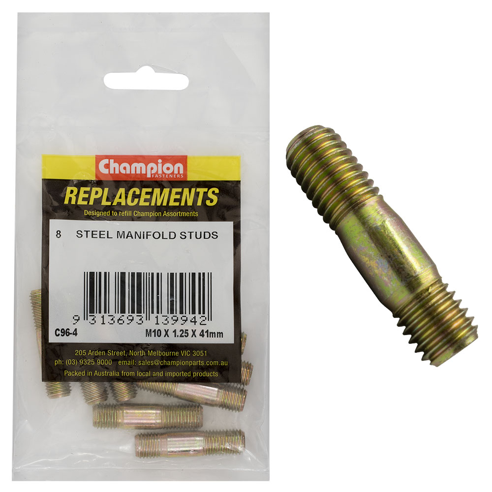 Champion M10 x 41mm x 1.25mm Steel Manifold Stud -8pk