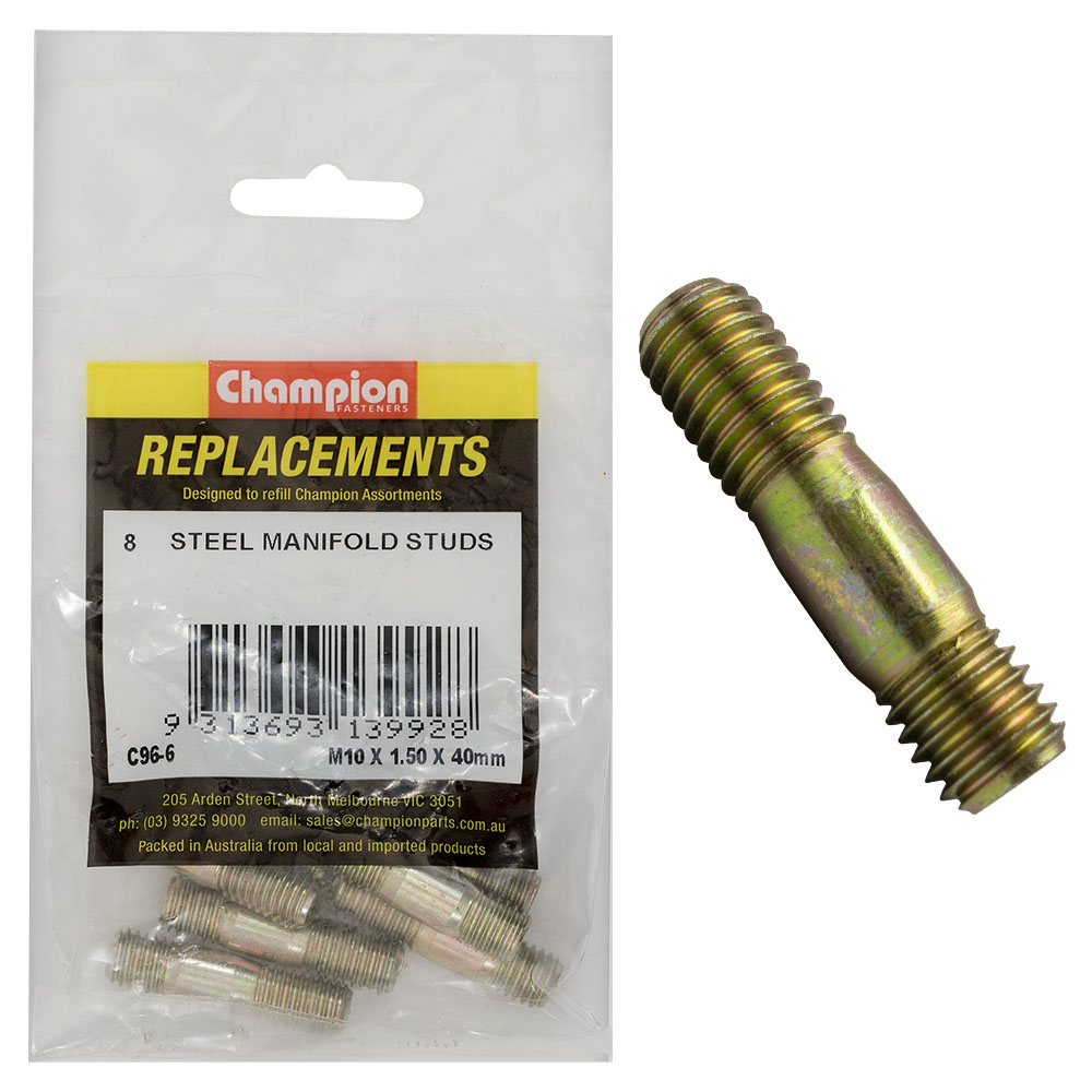Champion M10 x 40mm x 1.50mm Steel Manifold Stud -8pk