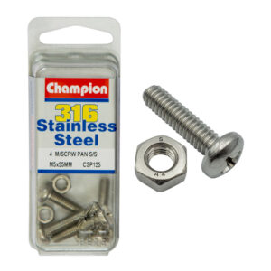 Champion Machine Screws Pan Phillips SS M5 x 25mm 316/A4-8pk