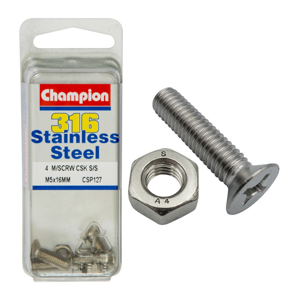 Champion Machine Screws Csk Phillips SS M5 x 16mm 316/A4-8pk