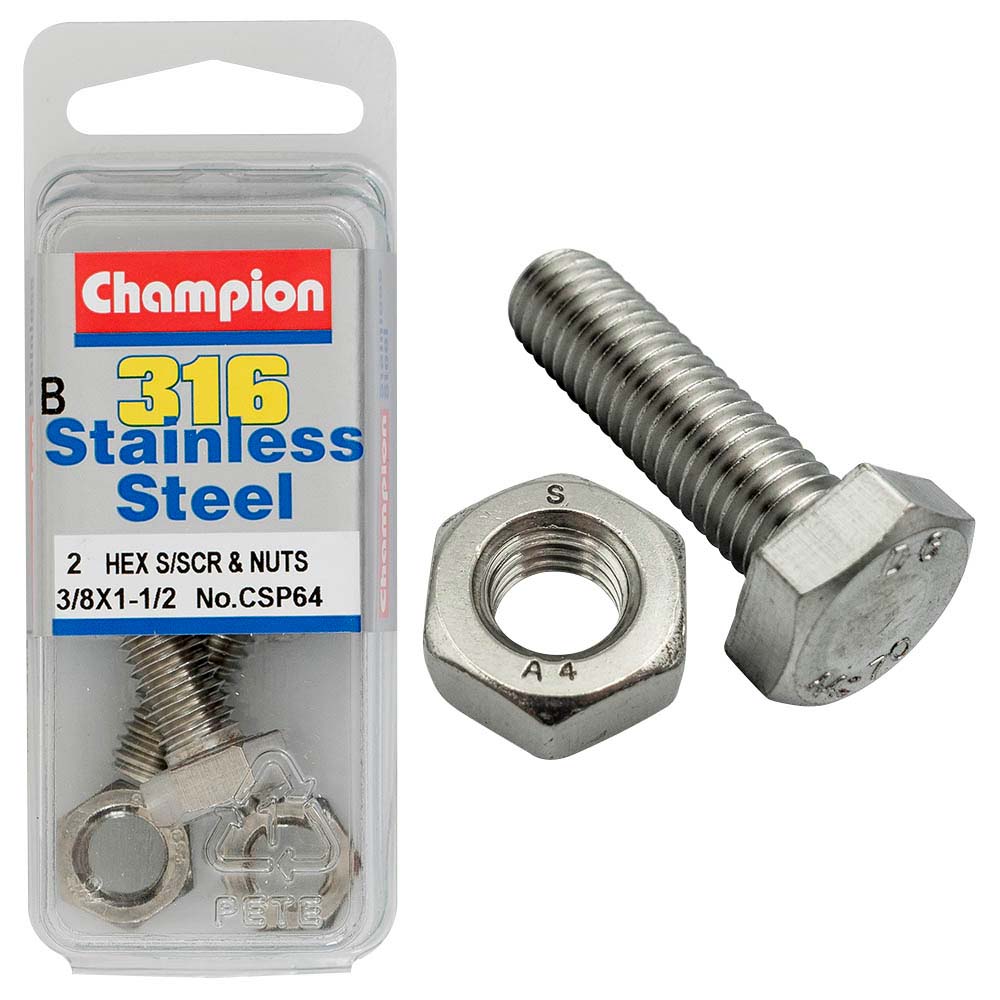 Champion 3/8in x 1-1/2in UNC Hex Set Screw 316/A4 (C)