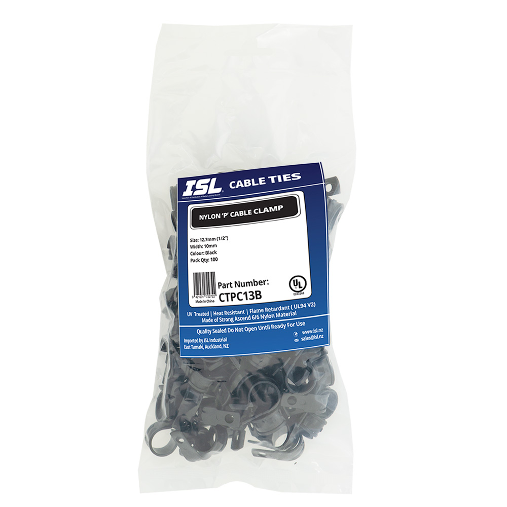 ISL Nylon 'P' Cable Clamp 13mm - Black - 100pk