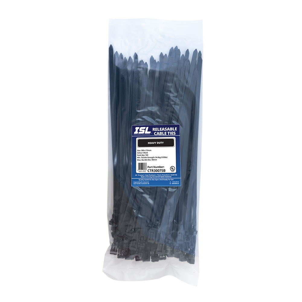 ISL 300 x 7.5mm UV Nylon Releasable Cable Tie - Blk - 100pk