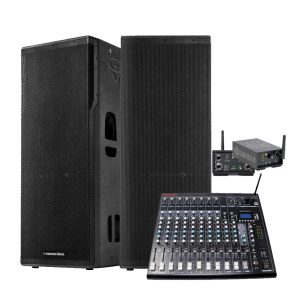 CERWIN VEGA PRO AUDIO WIRELESS BAND SETUP WITH 2X15" TOWER SPEAKERS AND MIXER