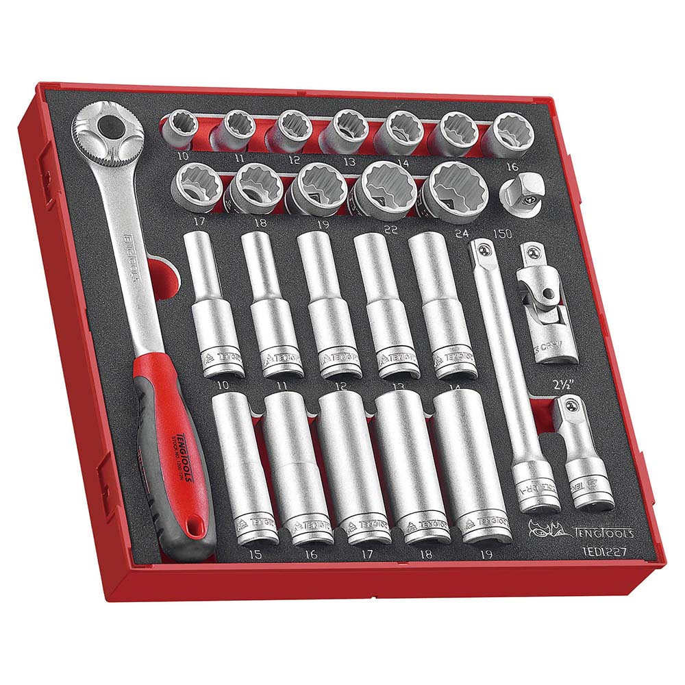 Teng 27pc 1/2in Dr. Skt & Acc Set 10-24mm - TED-Tray
