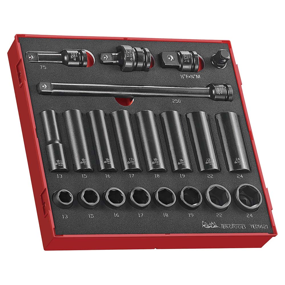 Teng 21pc 1/2in Dr. Metric Imp. Skt & Acc. Set - TED-Tray